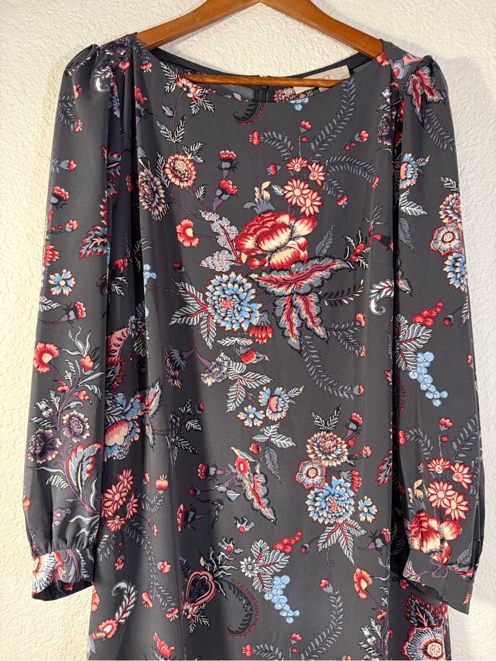 LOFT Gray Floral Long Sleeve Shift Dress Size 12 Boho Business Casual - Picture 3 of 10